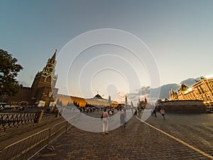 Red Square in Russia, Spassky Tower of the Moscow Kremlin in the evening.