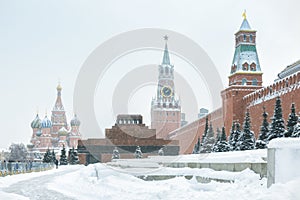 Red Square during snowfall in winter, Moscow, Russia