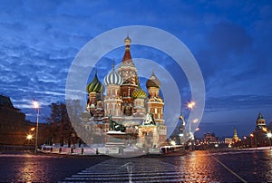 Red square with St. Basil`s Cathedral on a winter night. Moscow,