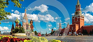 Red Square in summer, Moscow, Russia. Panoramic view of St BasilÃ¢â¬â¢s cathedral and Moscow Kremlin