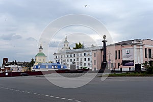 Red Square in the town of Yelets. Stela in honor of conferring the title of `City of Military Glory`