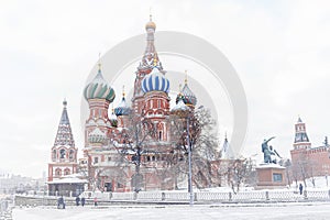 Red square,view of St. Basil`s Cathedral in winter.Moscow,Russia