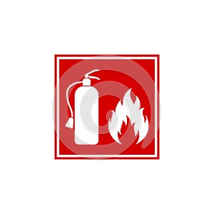 Red square wall sign with silhouette of fire extinguisher and flame. Colorful flat vector design