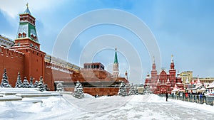 Red Square in winter during snowfall, Moscow, Russia