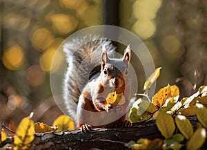 Red squirrel in the autumn park. Squirrel close up