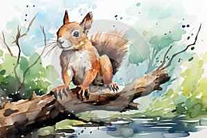 Red squirrel on a branch over a river in the forest. Watercolor painting