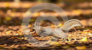 Red squirrel carrying nut in autumn forest, running through fallen leaves