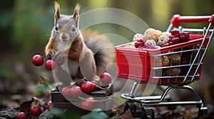 Red squirrel collects berries in a small shopping cart in the forest