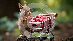 Red squirrel collects raspberries in a small shopping cart in the forest