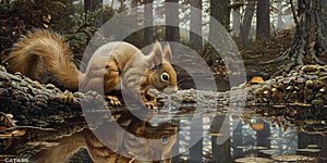 Red squirrel drinking water from pond in forest, with reflection on the surface of water