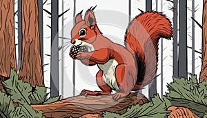 A red squirrel eating a nut in a forest