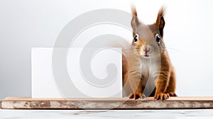 Red squirrel with empty mock up blank card on a white background, studio shot