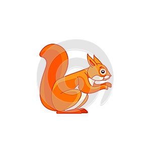 Red squirrel feeding. Tail up. Cartoon character of a rodent mammal animal. A wild forest creature with orange fur. Side