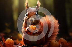 red squirrel holding an apple eating autumn leaves