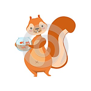 Red Squirrel Holding Aquarium With Pet Gold Fish Humanized Cartoon Cute Forest Animal Character Childish Illustration