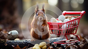 Red squirrel near a small red shopping cart with eggs in the forest