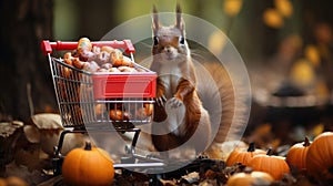 Red squirrel near a small shopping cart with nuts on the background of autumn leaves.