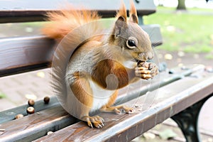 red squirrel nibbling on acorn on park bench