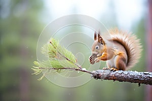 red squirrel nibbling pine cone on tree branch