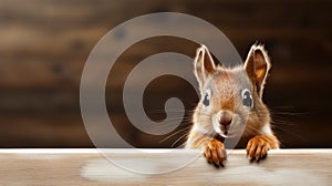 Red squirrel peeking out from behind a wooden board