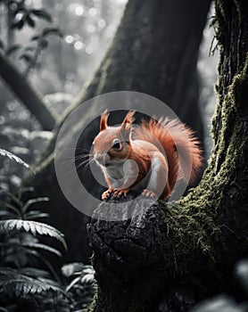Red Squirrel Perched On Mossy Tree Trunk In Jungle