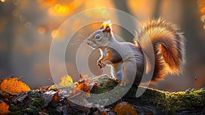 Red Squirrel Posing on Fallen Log in Autumn Sunlight