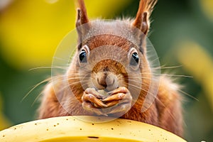 red squirrel Sciurus vulgaris eating fruits banana