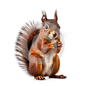 A red squirrel is sitting on white background, AI