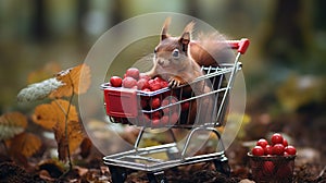 Red squirrel in a small shopping cart with berries on a background of autumn leaves.