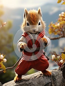 Red squirrel stands poised in a martial arts stance wearing a red gi. Generative AI