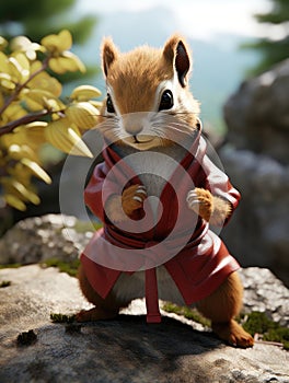 Red squirrel stands poised in a martial arts stance wearing a red gi. Generative AI