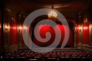 red stage closed curtain with spotlight, theater with red chairs, empty theater gold interior design