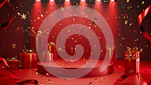 A red stage with confetti and presents