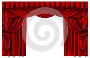 Red stage curtain. Realistic theater scene backdrop, cinema premiere portiere drapes, ruddy ceremony curtains vector