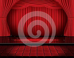 Red Stage Curtain with Seats and Copy Space.