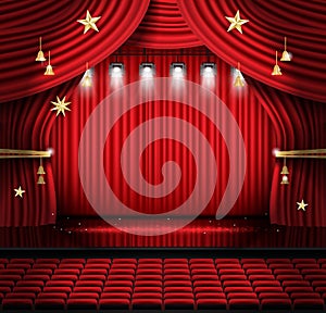Red Stage Curtain with Seats and Spotlights.