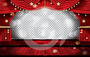 Red Stage Curtain with Seats and Transparent Copy Space.