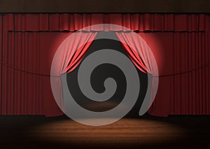 Red stage curtain with spotlight on stage