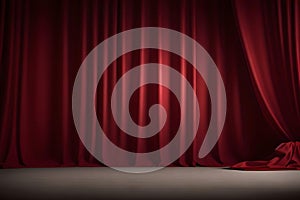 Red stage curtain with spotlight and wood floor. Stage background.