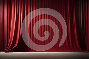 Red stage curtain with spotlight and wood floor. Stage background.