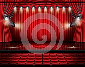 Red Stage Curtain with Spotlights, Seats and Copy Space.