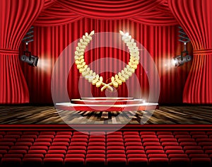 Red Stage Curtain with Spotlights, Seats and Golden Laurel Wreath.