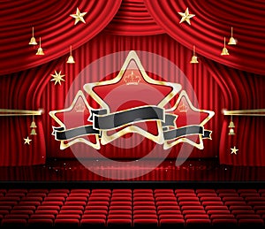 Red Stage Curtain with Three Stars, Seats and Copy Space.