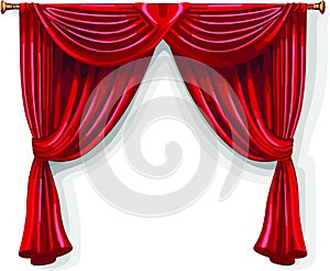 Red stage curtain vector illustration. Theater, opera scene drape backdrop, concert grand opening or cinema premiere backstage,