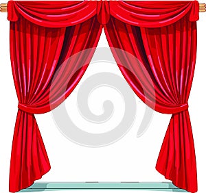 Red stage curtain vector illustration. Theater, opera scene drape backdrop, concert grand opening or cinema premiere backstage,