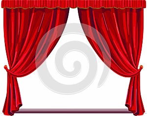 Red stage curtain vector illustration. Theater, opera scene drape backdrop, concert grand opening or cinema premiere backstage,