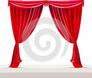 Red stage curtain vector illustration. Theater, opera scene drape backdrop, concert grand opening or cinema premiere backstage,