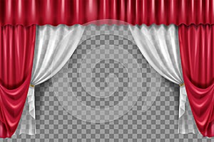 Red stage curtain, vector theatre velvet drapery illustration on transparent background, luxury opera frame.