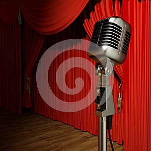 Red stage theater drapes and microphone