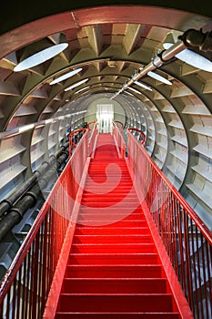 Red staircase from inside the Brussels Atomium Building